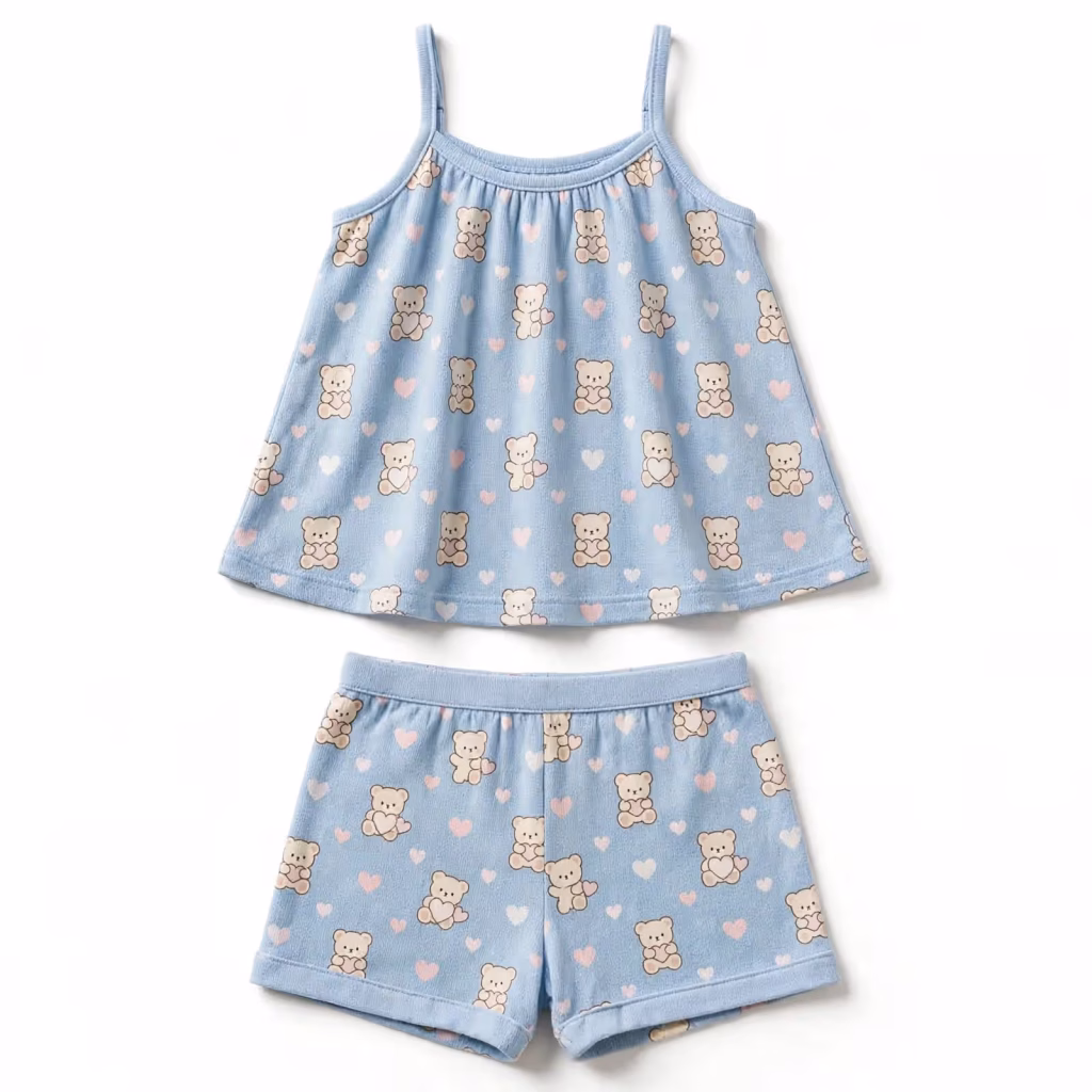 Babydoll Sleep Set Aop Sky Blue Bear Heart Flatlay