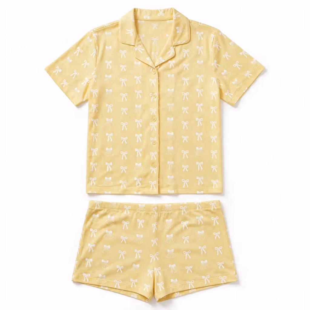 Bridal Pyjama Set Aop Butter Yellow Bow Flatlay