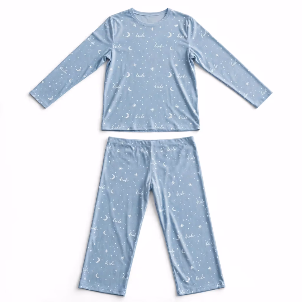 Bridal Pyjama Set Aop Sky Blue Bride Moon Flatlay