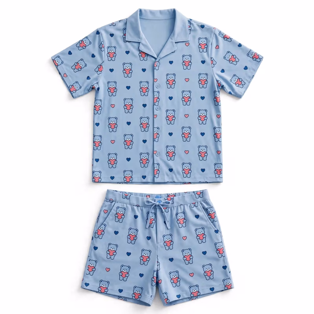 Chemise Set Aop Sky Blue Bear Heart Flatlay
