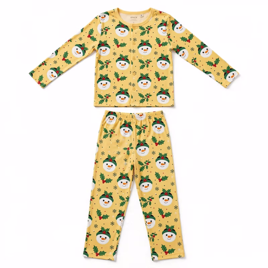 Christmas Pyjama Set Aop Butter Yellow Snowman Flatlay