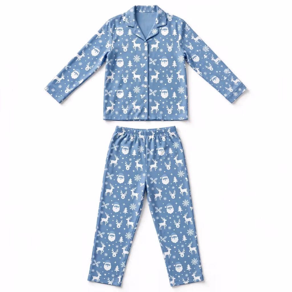 Christmas Pyjama Set Aop Sky Blue Santa Reindeer Flatlay