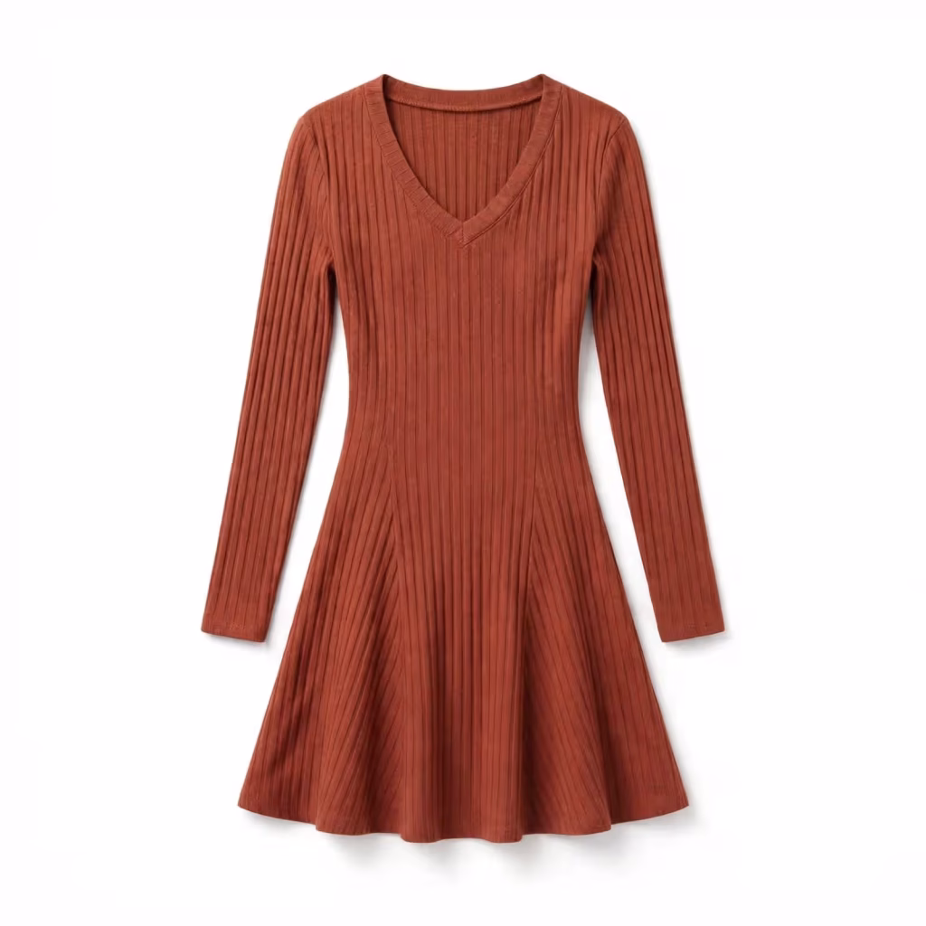 Custom Relaxed Knit Dress V Neck Flared Knit Dress Wholesale