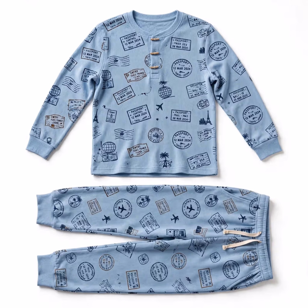 Holiday Pyjama Set Aop Sky Blue Travel Flatlay