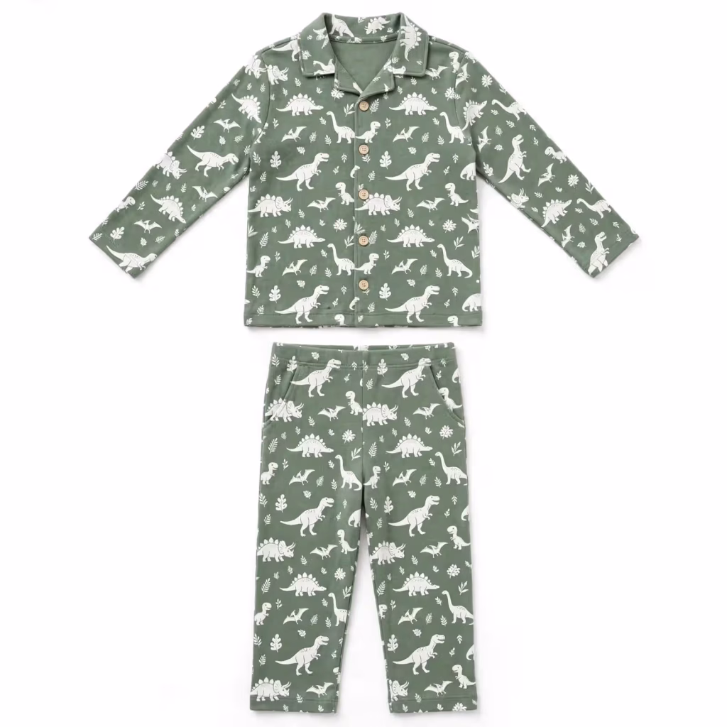 Matching Pyjama Set Aop Single Jersey Sage Dino Flatlay