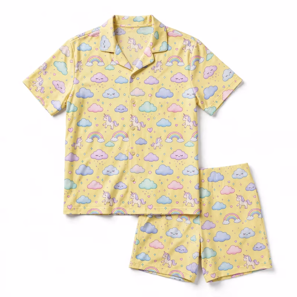 Matching Pyjama Set Aop Single Jersey Yellow Unicorn Flatlay
