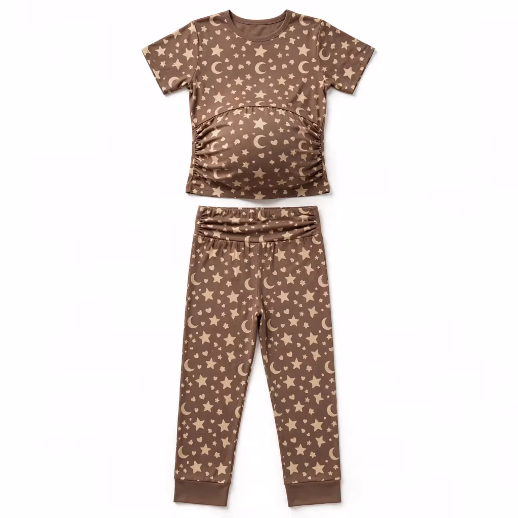 Maternity Pyjama Set Aop Single Jersey Mocha Star Flatlay