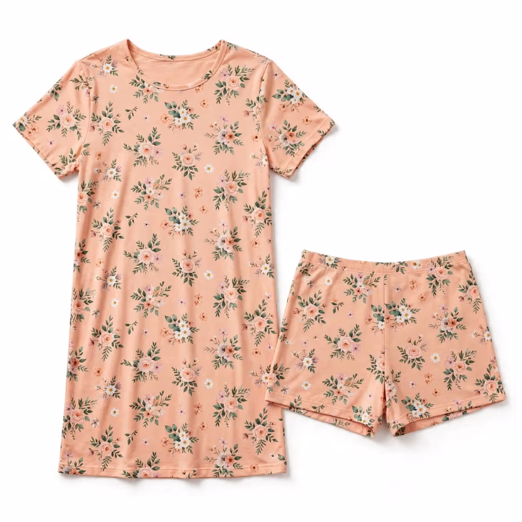 Nightgown Set Aop Peach Floral Flatlay