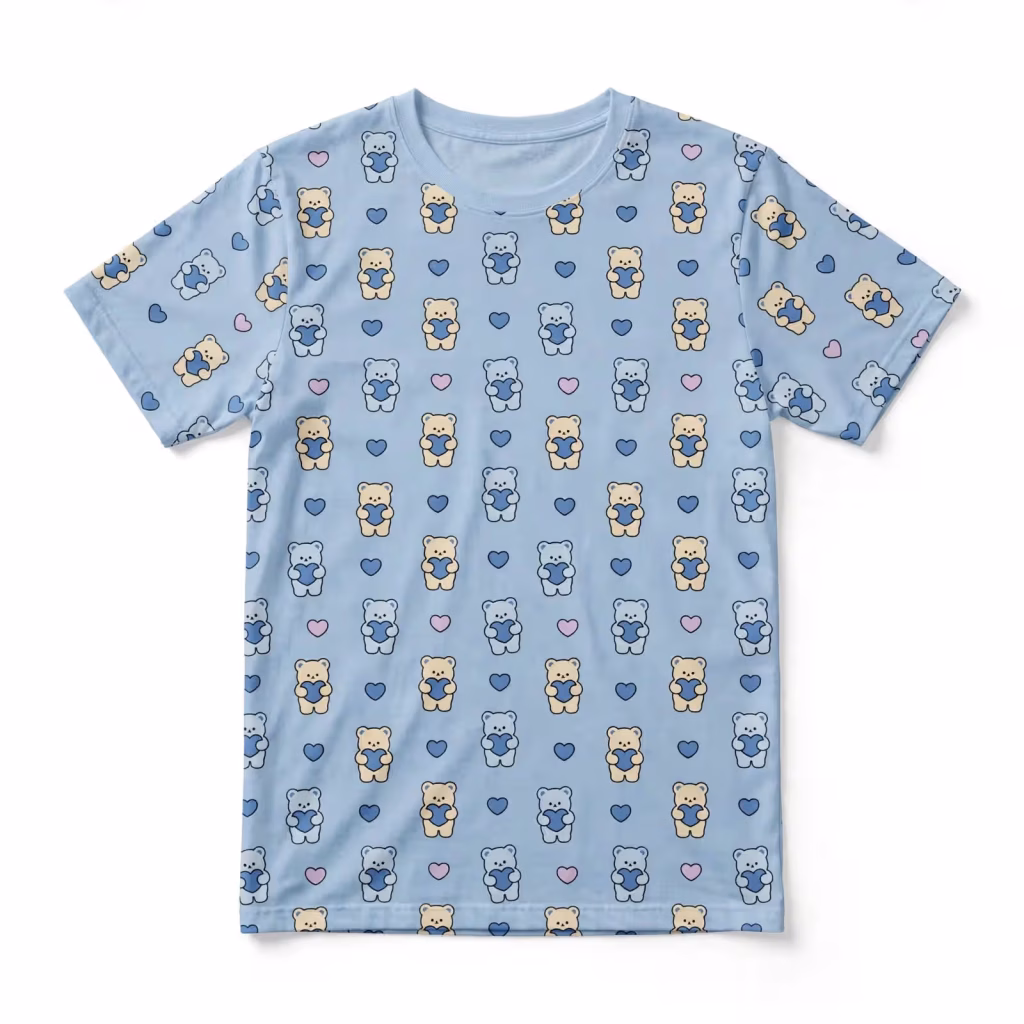 Nightshirt Set Aop Sky Blue Bear Heart Flatlay