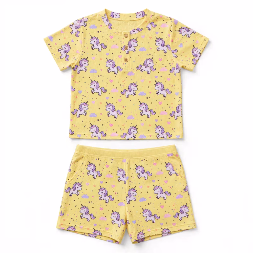 Nursing Pyjama Set Aop Single Jersey Yellow Unicorn Nursing Flatlay