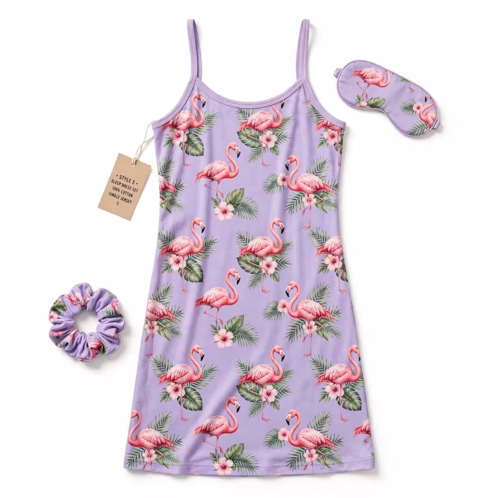 Sleep Dress Set Aop Lilac Flamingo Flatlay