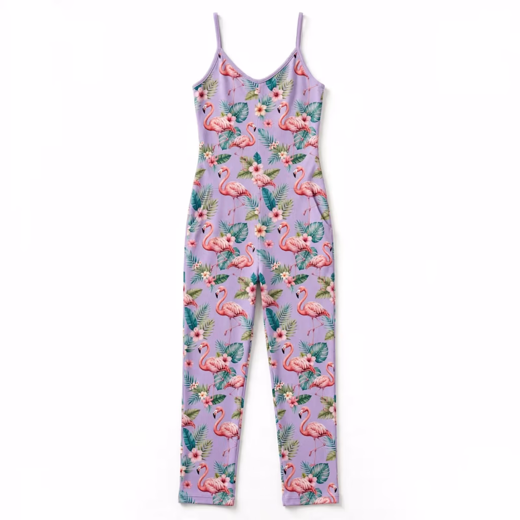 Sleep Jumpsuit Set Aop Lilac Flamingo Flatlay