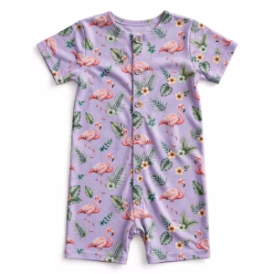 Sleep Romper Set Aop Lilac Flamingo Flatlay