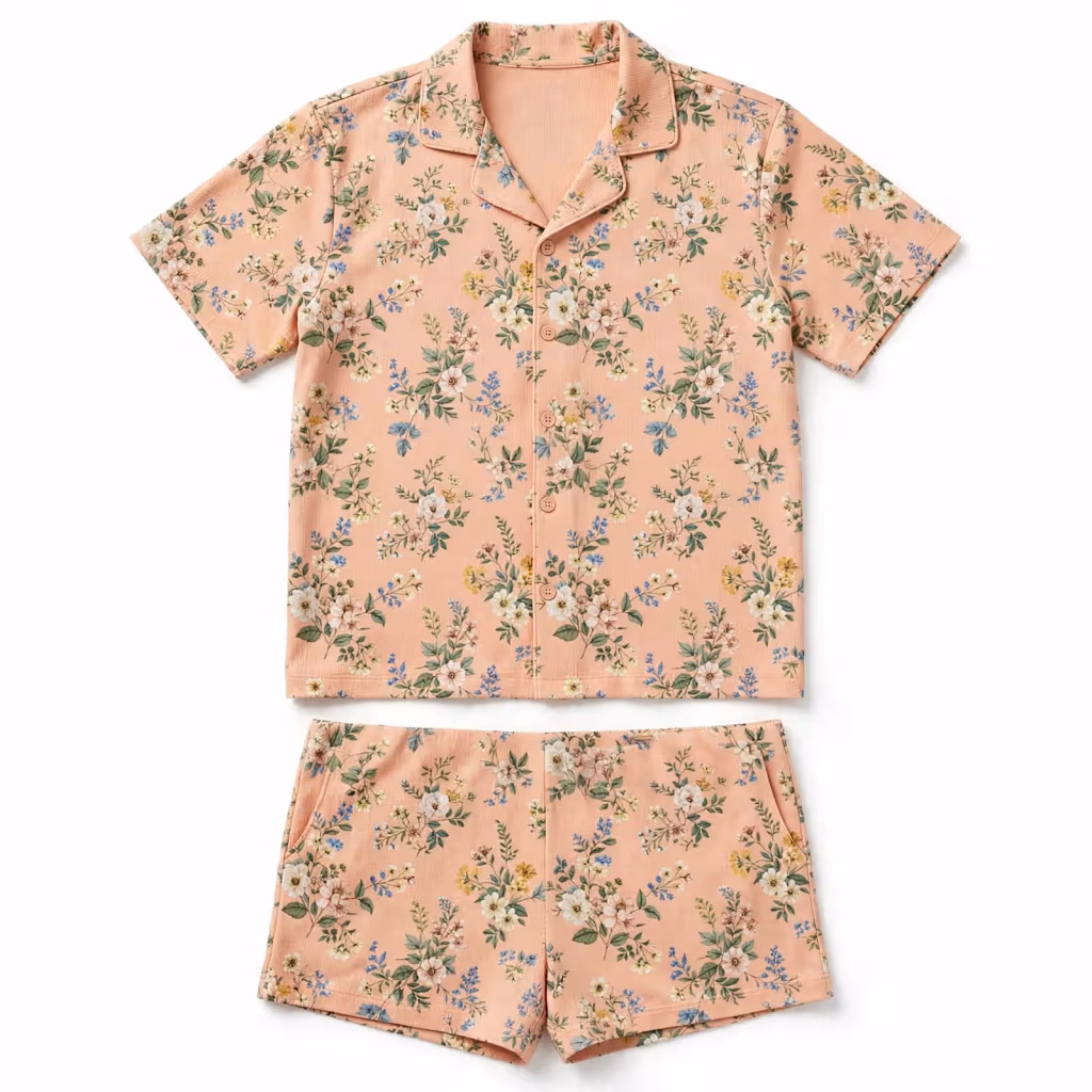 Sleep Shirt Set Aop Peach Floral Flatlay