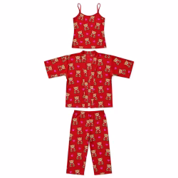 Three Piece Pyjama Set Aop Cherry Bear Heart Flatlay