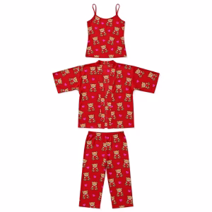 Three Piece Pyjama Set Aop Cherry Bear Heart Flatlay